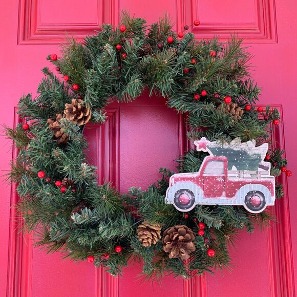Red Truck Christmas Wreath: Farmhouse Pinecone Berry Door Decor - Picture 1 of 10